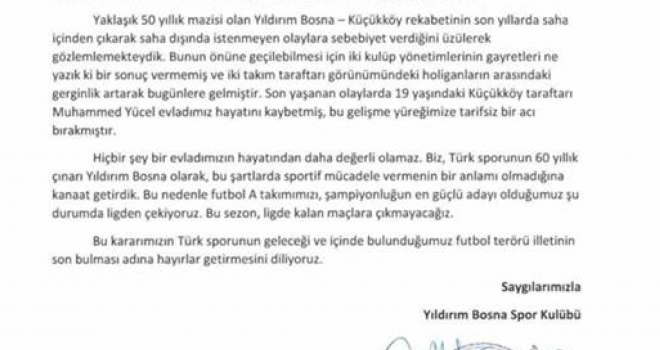 Yıldırım Bosnaspor; futbol terörü yüzünden ligden çekildi